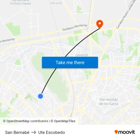 San Bernabé to Ute Escobedo map