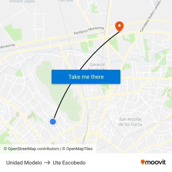 Unidad Modelo to Ute Escobedo map