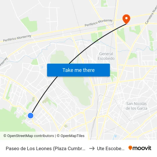 Paseo de Los Leones (Plaza Cumbres) to Ute Escobedo map