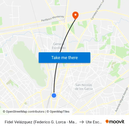 Fidel Velázquez (Federico G. Lorca - Manuel L. Barragán) to Ute Escobedo map