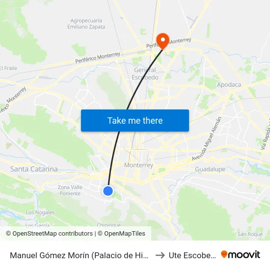 Manuel Gómez Morín (Palacio de Hierro) to Ute Escobedo map