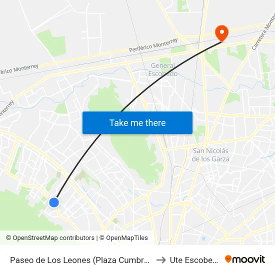 Paseo de Los Leones (Plaza Cumbres) to Ute Escobedo map