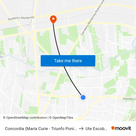 Concordia (María Curie - Triunfo Poniente) to Ute Escobedo map