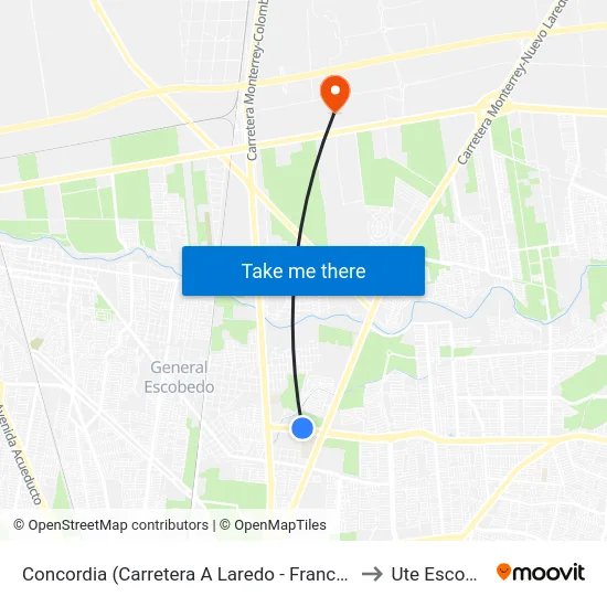 Concordia (Carretera A Laredo - Francisco Villa) to Ute Escobedo map