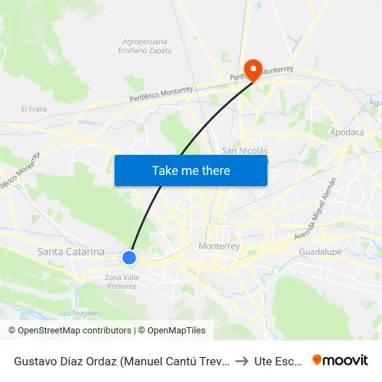 Gustavo Díaz Ordaz (Manuel Cantú Treviño - Corregidora) to Ute Escobedo map