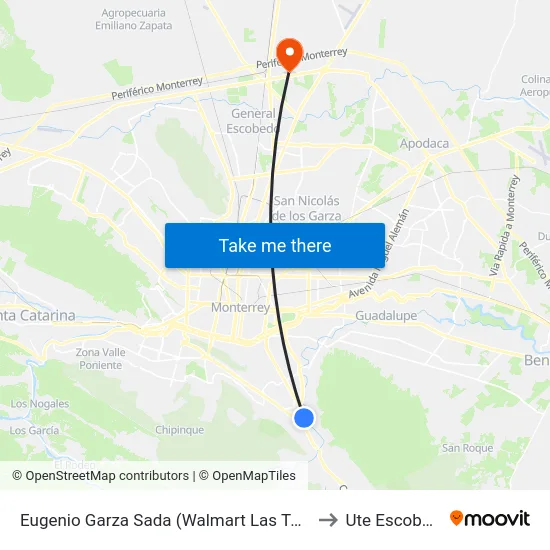 Eugenio Garza Sada (Walmart Las Torres) to Ute Escobedo map