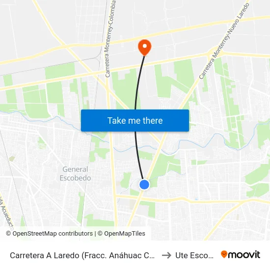 Carretera A Laredo (Fracc. Anáhuac Campoamor) to Ute Escobedo map