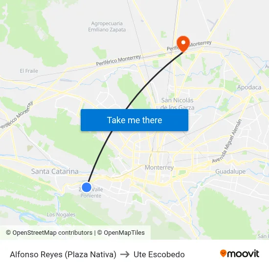 Alfonso Reyes (Plaza Nativa) to Ute Escobedo map