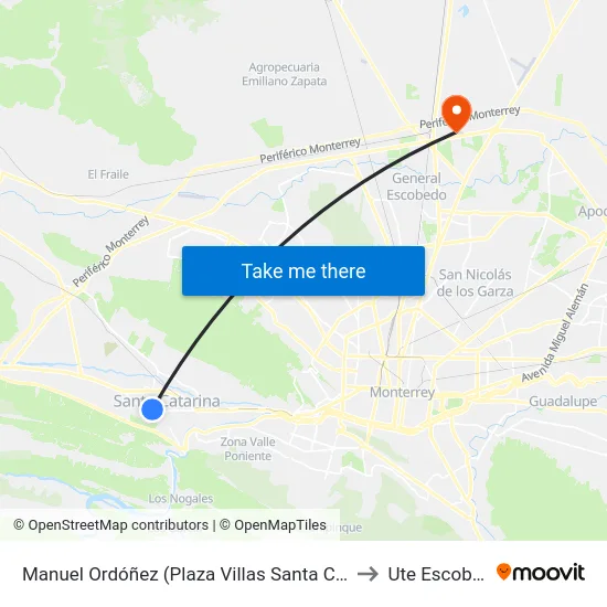 Manuel Ordóñez (Plaza Villas Santa Catarina) to Ute Escobedo map