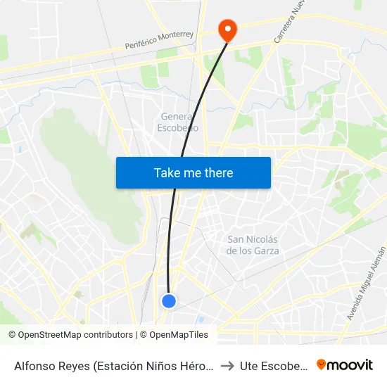 Alfonso Reyes (Estación Niños Héroes) to Ute Escobedo map