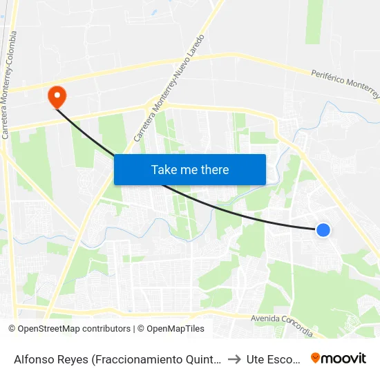 Alfonso Reyes (Fraccionamiento Quinta Colonial) to Ute Escobedo map