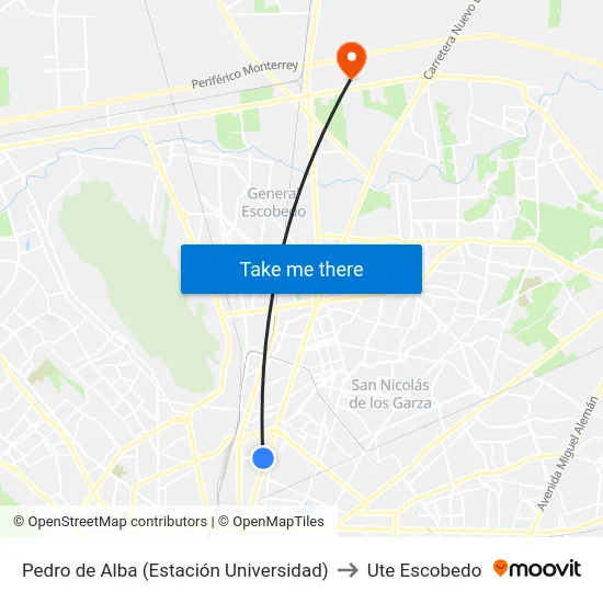 Pedro de Alba (Estación Universidad) to Ute Escobedo map