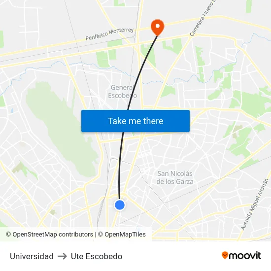 Universidad to Ute Escobedo map