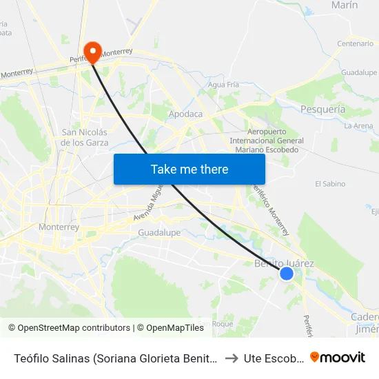 Teófilo Salinas (Soriana Glorieta Benito Juárez) to Ute Escobedo map