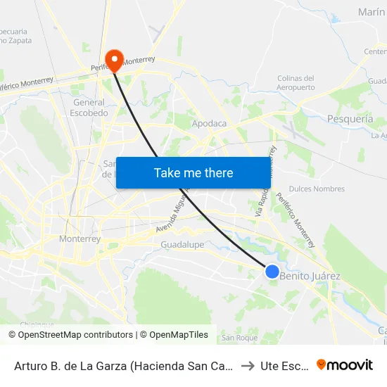 Arturo B. de La Garza (Hacienda San Carlos - Las Margaritas) to Ute Escobedo map