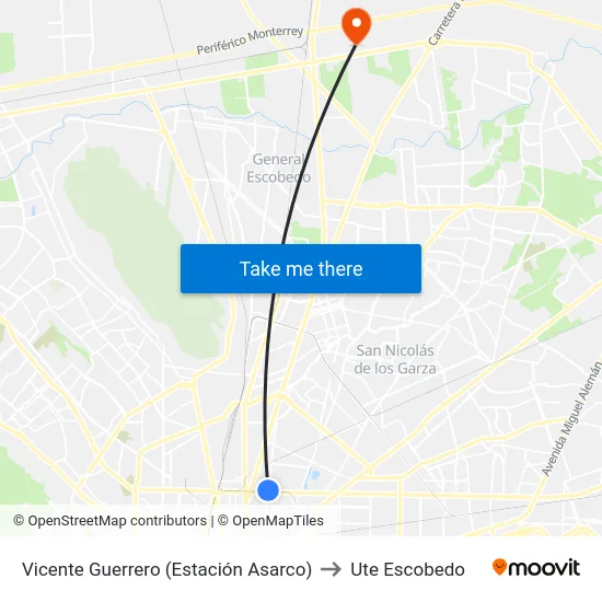 Vicente Guerrero (Estación Asarco) to Ute Escobedo map