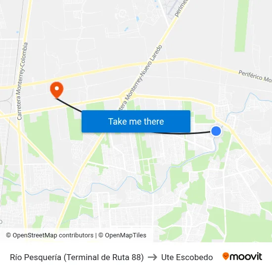 Río Pesquería (Terminal de Ruta 88) to Ute Escobedo map