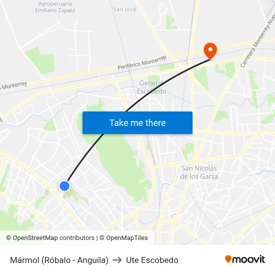 Mármol (Róbalo - Anguila) to Ute Escobedo map