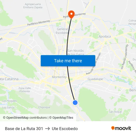 Base de La Ruta 301 to Ute Escobedo map