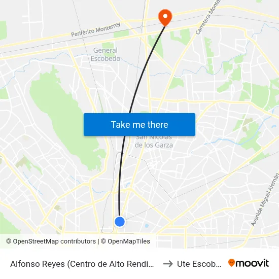 Alfonso Reyes (Centro de Alto Rendimiento) to Ute Escobedo map
