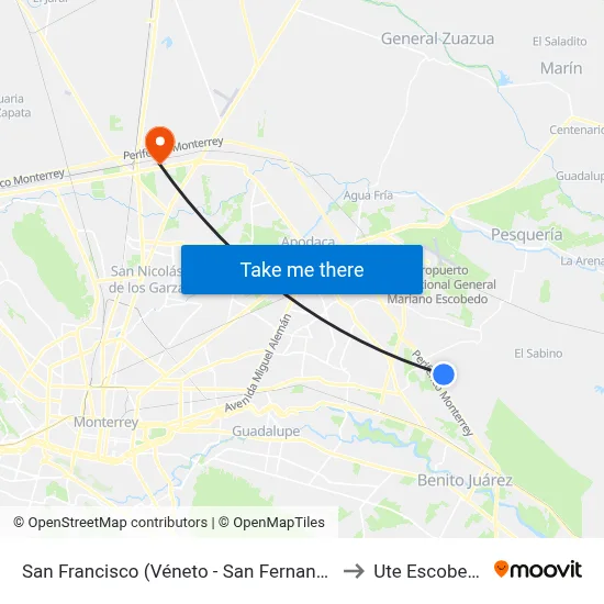 San Francisco (Véneto - San Fernando) to Ute Escobedo map