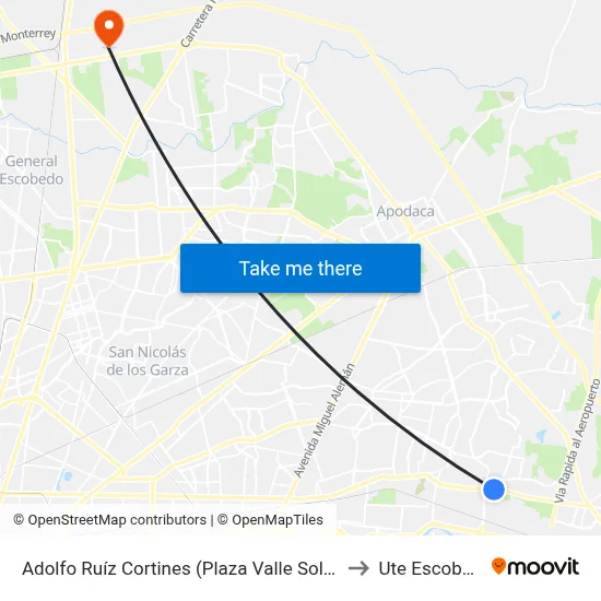 Adolfo Ruíz Cortines (Plaza Valle Soleado) to Ute Escobedo map
