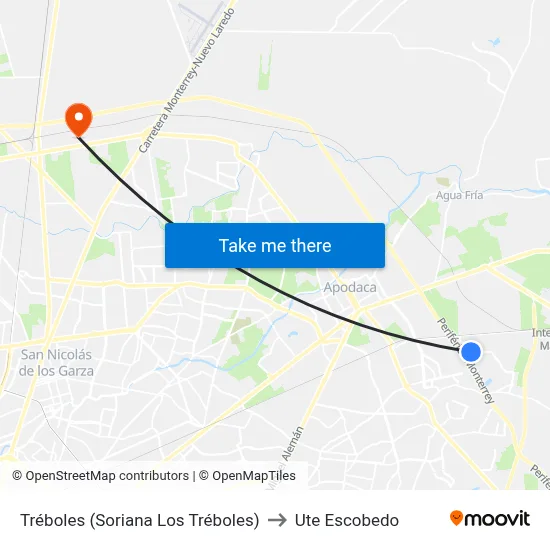 Tréboles (Soriana Los Tréboles) to Ute Escobedo map