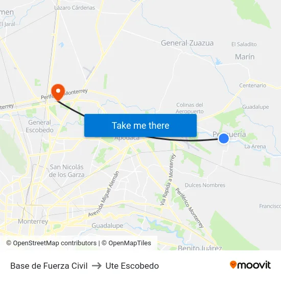 Base de Fuerza Civil to Ute Escobedo map