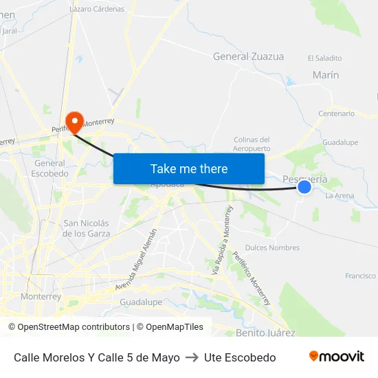 Calle Morelos Y Calle 5 de Mayo to Ute Escobedo map