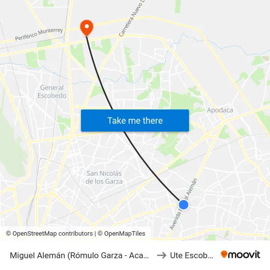 Miguel Alemán (Rómulo Garza - Acapulco) to Ute Escobedo map