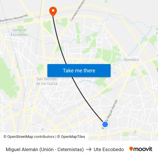 Miguel Alemán (Unión - Cetemistas) to Ute Escobedo map