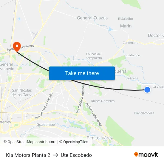 Kia Motors Planta 2 to Ute Escobedo map
