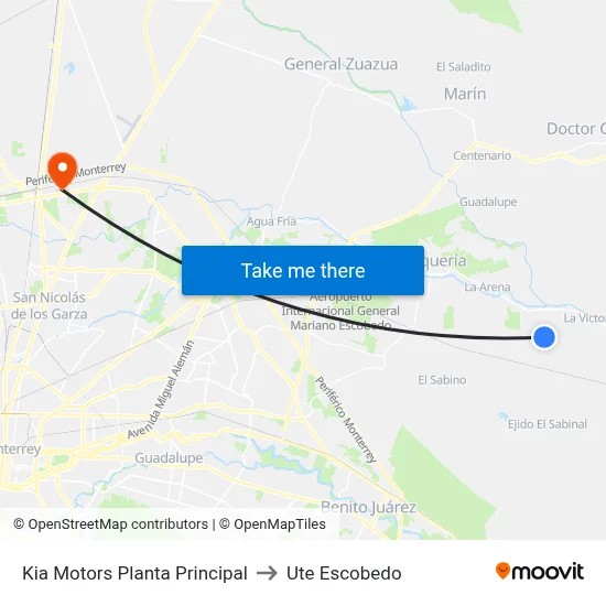 Kia Motors Planta Principal to Ute Escobedo map
