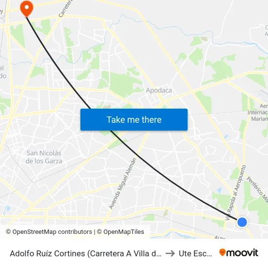 Adolfo Ruíz Cortines (Carretera A Villa de Juárez - Fátima) to Ute Escobedo map