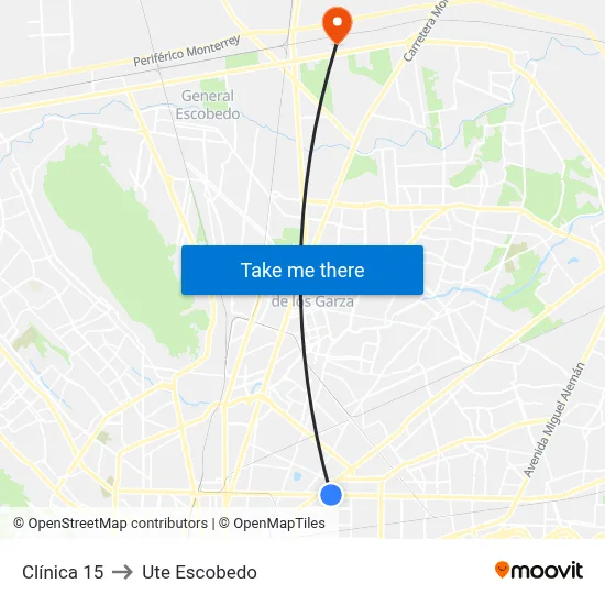 Clínica 15 to Ute Escobedo map