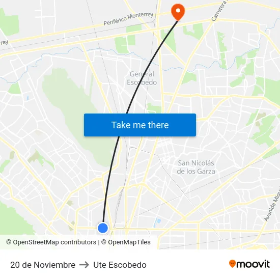 20 de Noviembre to Ute Escobedo map