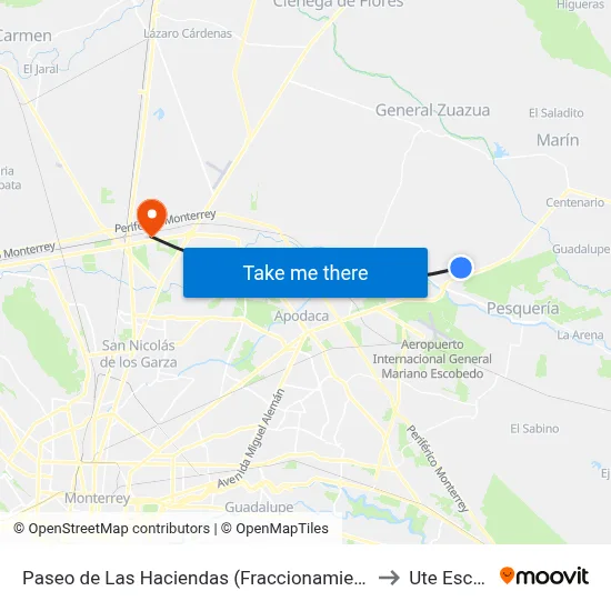 Paseo de Las Haciendas (Fraccionamiento Las Haciendas) to Ute Escobedo map