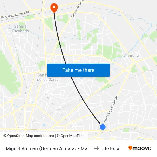 Miguel Alemán (Germán Almaraz - María Valdez) to Ute Escobedo map