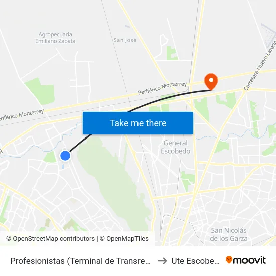 Profesionistas (Terminal de Transregio) to Ute Escobedo map