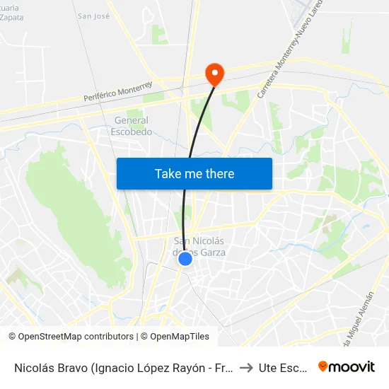 Nicolás Bravo (Ignacio López Rayón - Francisco Naranjo) to Ute Escobedo map