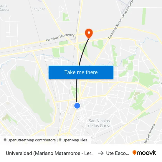 Universidad (Mariano Matamoros - Lerdo de Tejada) to Ute Escobedo map