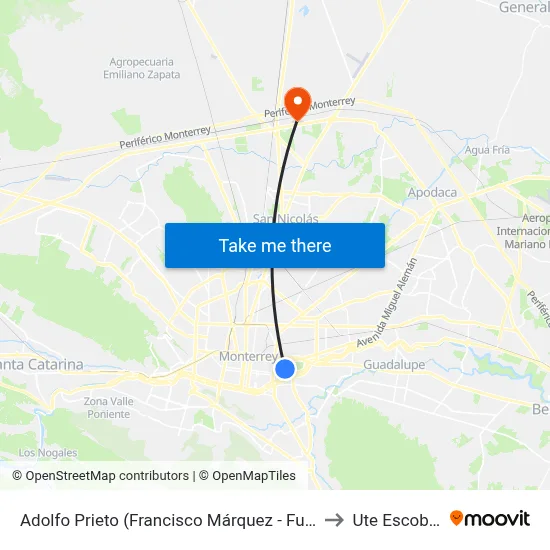 Adolfo Prieto (Francisco Márquez - Fundidora) to Ute Escobedo map