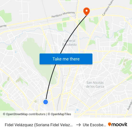 Fidel Velázquez (Soriana Fidel Velazquez) to Ute Escobedo map