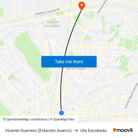 Vicente Guerrero (Estación Asarco) to Ute Escobedo map