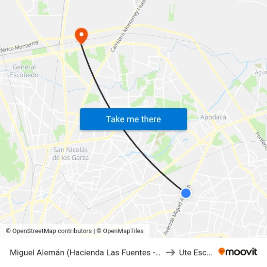Miguel Alemán (Hacienda Las Fuentes - Ignacio Sepúlveda) to Ute Escobedo map