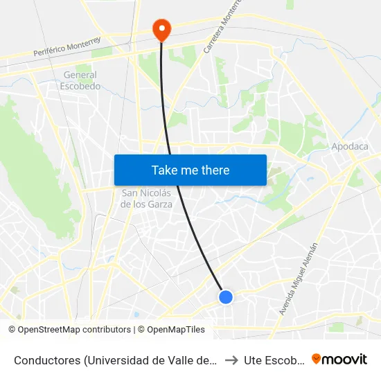 Conductores (Universidad de Valle de México) to Ute Escobedo map