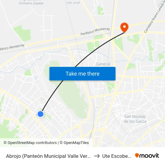 Abrojo (Panteón Municipal Valle Verde) to Ute Escobedo map