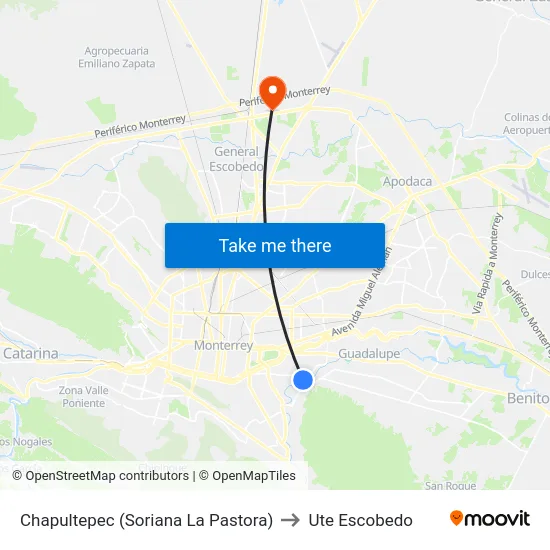 Chapultepec (Soriana La Pastora) to Ute Escobedo map