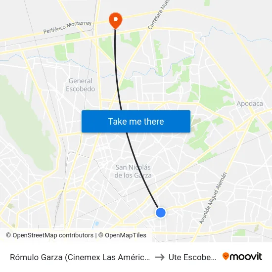 Rómulo Garza (Cinemex Las Américas) to Ute Escobedo map