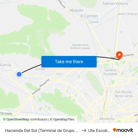 Hacienda Del Sol (Terminal de Grupo Enlaces) to Ute Escobedo map